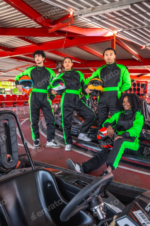 Preview: Diverse young adults enjoying karting leisure activity