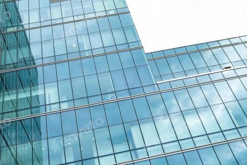 Preview: Modern sustainable glass office building. Exterior view of corporate headquarters glass building