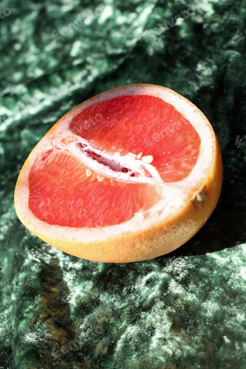Preview: trendy color combination, pink grapefruit on green background. summer picnic style. selective focus.
