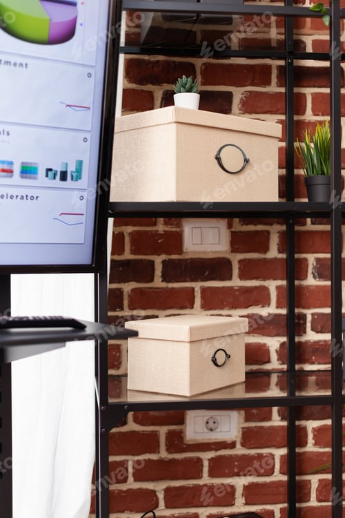 Preview: Close up of decorative boxes and green plants on shelf in business office