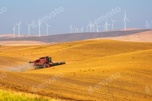 Preview: Beautiful view of a harvester working on a field against wind turbines background