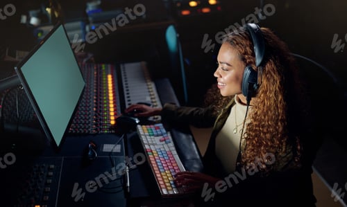 Preview: Woman, smile or musician headphones in computer music recording, sound engineering or song composit