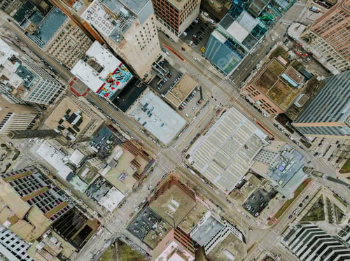 Preview: Bird's-eye view of a downtown area showcasing a skyline of high-rise buildings, Milwaukee, Wisconsin