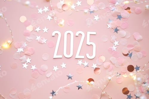 Preview: New Year 2025 pink background. Number of the coming year in Christmas decoration.
