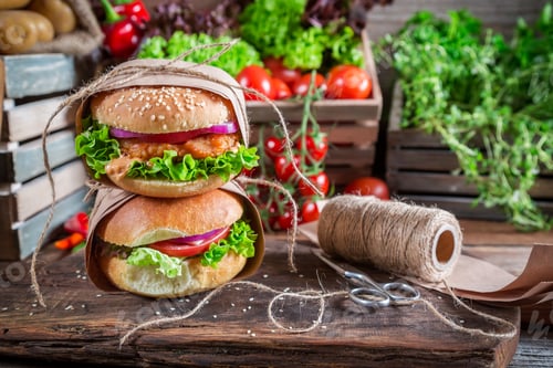 Preview: Fresh takeaway burger on old wooden table