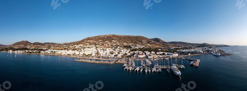 Preview: Paros island, Parikia cityscape panorama aerial drone view. Greece, Cyclades.
