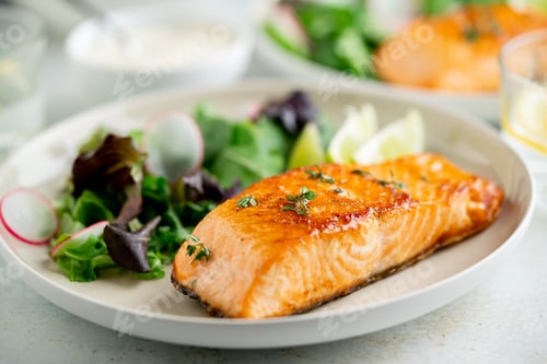 Preview: Grilled salmon fillet and fresh vegetable salad. Mediterranean diet.