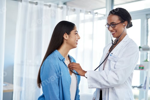 Preview: The best in cardiovascular care. Shot of a young doctor examining her patient with a stethoscope.