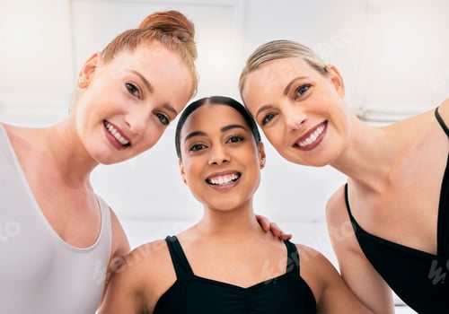 Preview: Dance portrait, happy ballet and women with smile for creative training, excited for professional p
