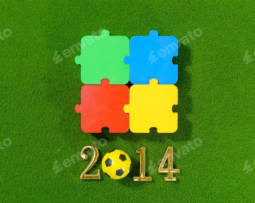 Preview: 2014 Message Make Of Metal Numbers And Football Soccer Ball On Grass Background With Puzzle