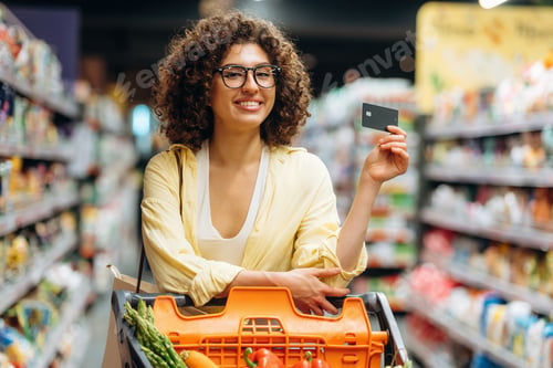 Preview: Credit or debit card in hand. Gorgeous woman is in the grocery store