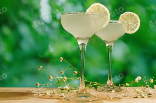 Preview: Two drinking glasses of Margarita cocktails outdoors.