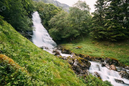 Preview: Gudvangen-Naeroyfjorden, Norway. Waterfall Tuftofossen In Spring
