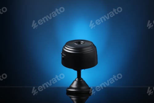 Preview: Modern hidden spy camera on mirror surface against blue background, closeup