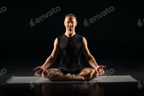 Preview: Man performing Sukhasana sitting on yoga mat isolated on black