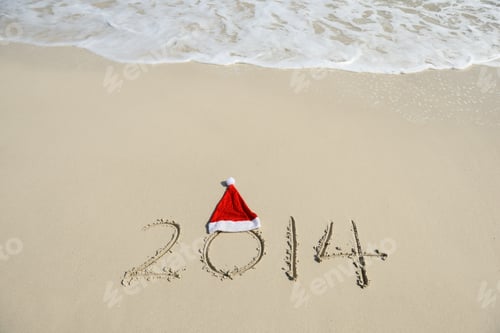 Preview: 2014 With Santa Hat On Sea Beach Sand With Wave