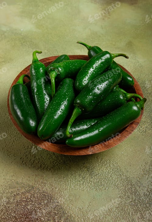 Preview: fresh padron pepper, raw, in a wooden bowl, on the table, there are no people.