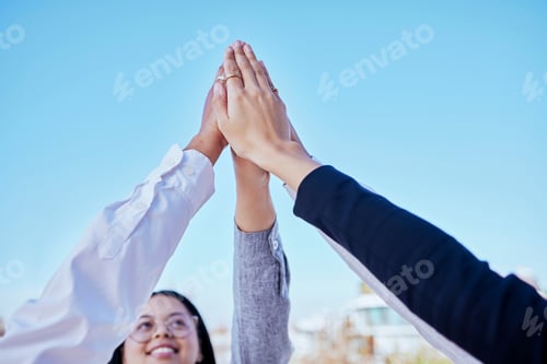 Preview: Business people, hands and high five for teamwork, winning or success in unity in the outdoors. Hap