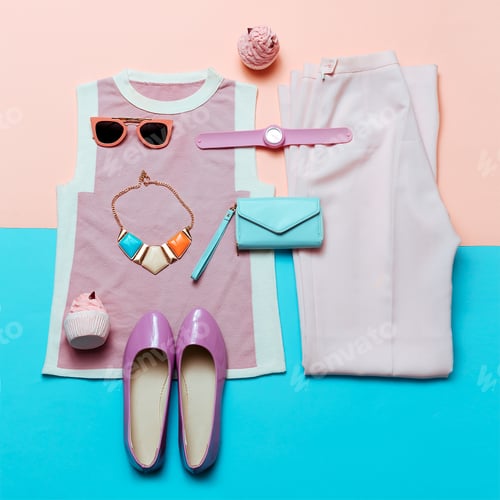 Preview: Clothes and accessories. Pink Lady. Vintage style. Top view. Sum