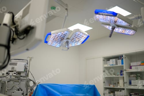Preview: Sterile surgical lights in an empty operating room setting.