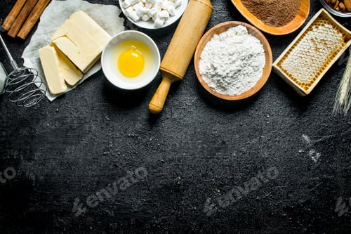 Preview: Baking background. Ingredients for the preparation of cookies.