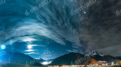 Preview: Stepantsminda, Georgia. Night Starry Sky Above Beautiful Georgia
