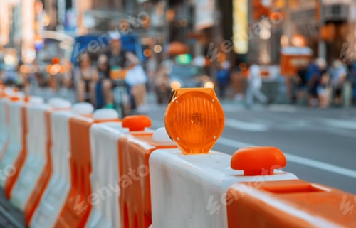 Preview: Roadblock or construction with signal on a road red and white street barricade.
