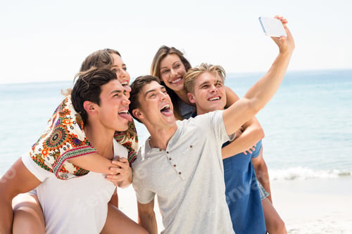 Preview: Friends taking selfie at beach on sunny day