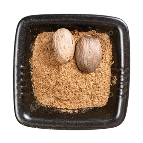 Preview: whole nutmeg seeds and powder in black bowl