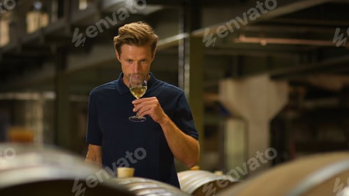 Preview: Man Working In Vineyard Or Winery Check Quality And Bouquet Of Wine In Barrel