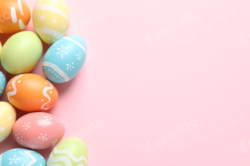 Preview: Many painted Easter eggs on color background, top view. Space for text