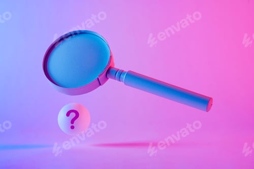 Preview: Magnifying glass floating above a sphere with question mark