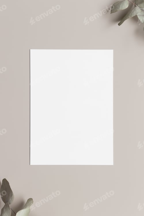 Preview: Invitation white card mockup with eucalyptus branches. 5x7 ratio, similar to A6, A5.