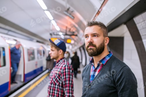 Preview: Two hipster men standing at the underground platform waiting