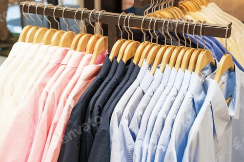 Preview: Side view of colorful cotton female shirts hanging on hangers in women's clothing store.