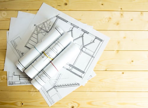 Preview: Many drawings for building on a wooden background.