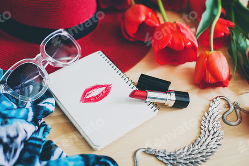 Preview: woman's accessories flat lay with red tulips