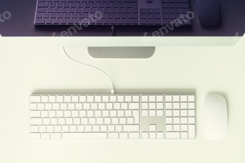 Preview: White keyboard, mouse, succulent plant on white desk. Copy space. Top view