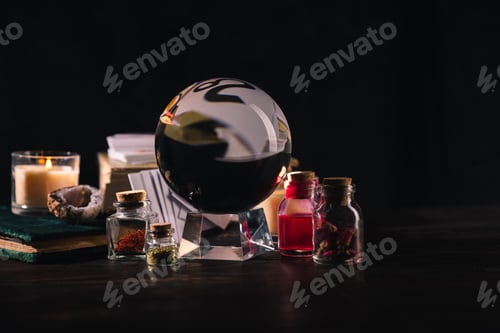 Preview: Selective focus of occult and mystical objects on wooden and black background