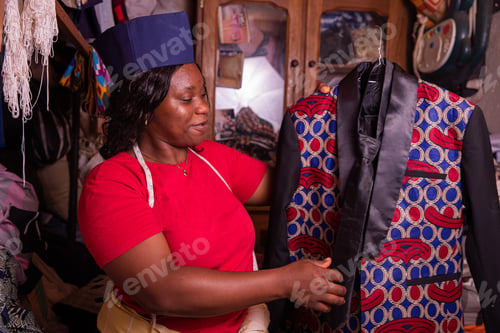 Preview: African woman seamstress in her tailoring workshop in the middle of her work sewing a jacket