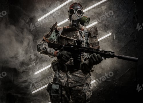 Preview: Apocalyptic army soldier with gas mask holding rifle