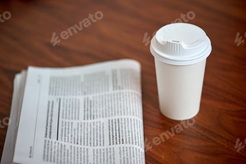 Preview: coffee drink in paper cup and newspaper on table