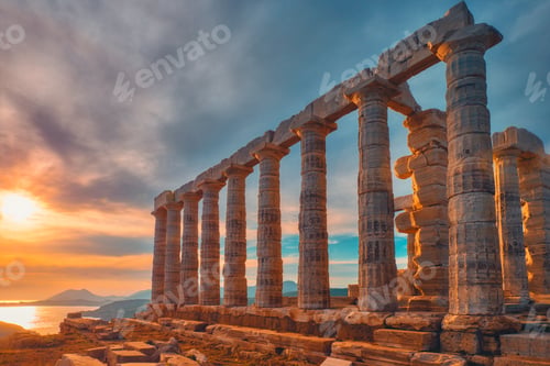Preview: Poseidon temple ruins on Cape Sounio on sunset, Greece