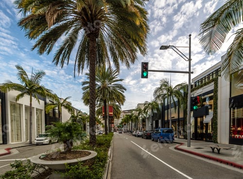 Preview: Rodeo Drive Street with stores and Palm Trees in Beverly Hills - Los Angeles, California, USA