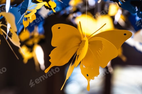 Yellow and Blue Butterfly Mobile Art Installation
