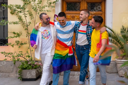 Preview: Lgbt concept, portrait of gay men friends having fun at gay pride party, diversity of young
