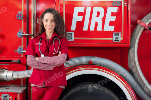 Preview: Beautiful emergency doctor woman stand and lean fire truck with smiling