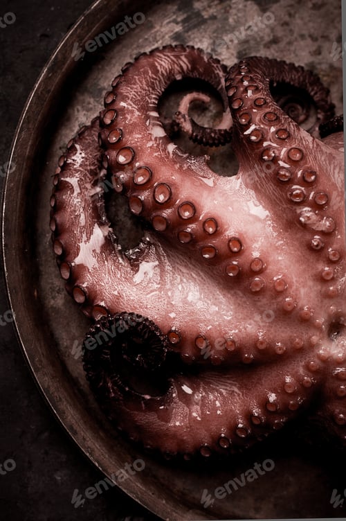 Preview: Boiled octopus, close-up, rustic style, no people, top view, close-up,