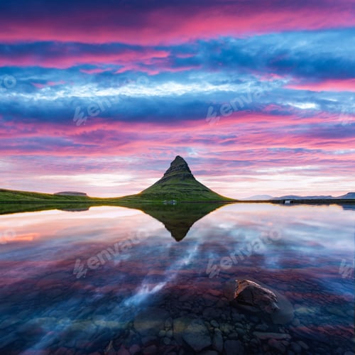 Preview: Colorful sunrise on Kirkjufellsfoss waterfall