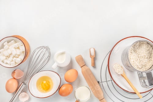 Preview: Bakery background cooking ingredients egg, flour, sugar, butter